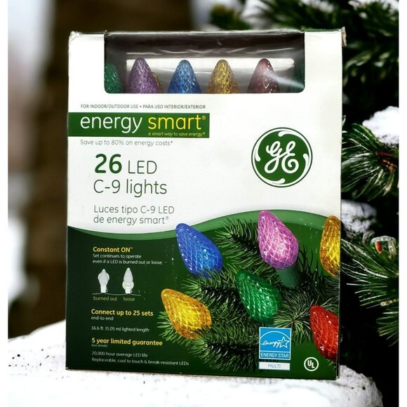 New LED Christmas String Lights 26 C9 Bulbs Faceted Multicolor Holiday Patio GE - Picture 1 of 9